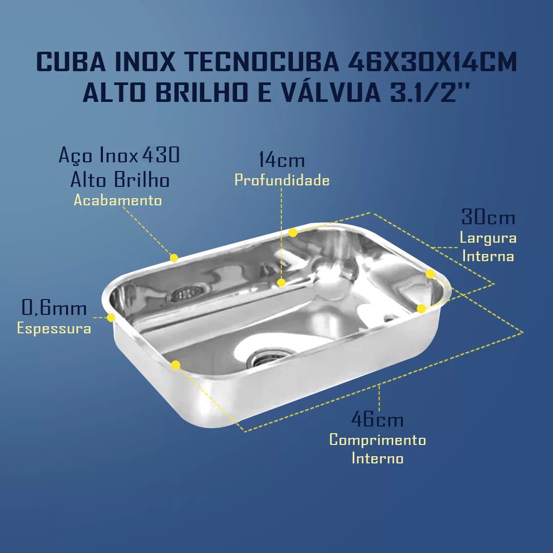 Cuba Inox Tecnocuba N1 46x30x14cm Alto Brilho Com Válvula