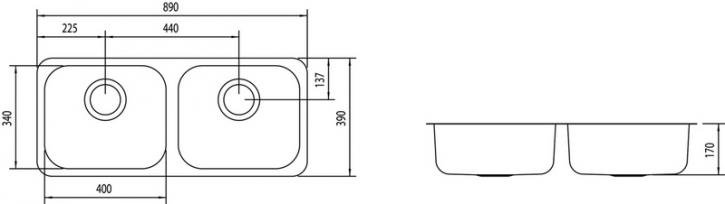 Medidas e Desenho Técnico da Cuba Dupla Retangular 2C 40 BL Horizontal